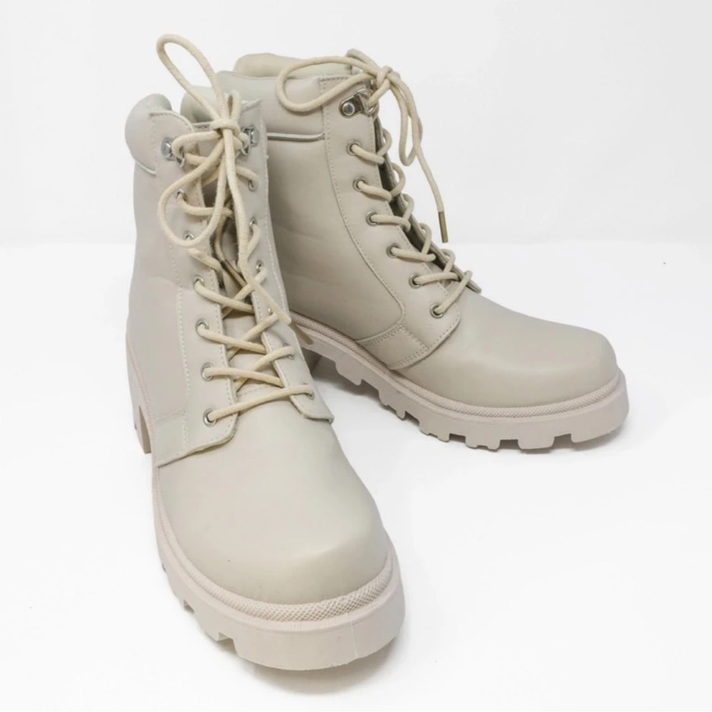 Qupid Cream Lace-Up Combat Boots